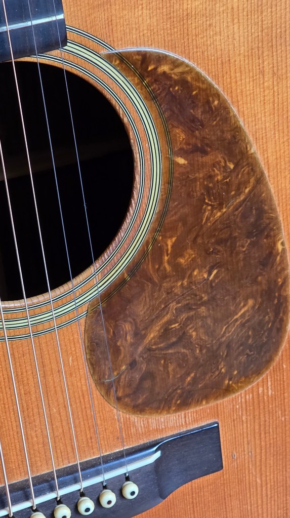 Close up of guitar top shoring portion of the soundhole, pickguard, and bridge.