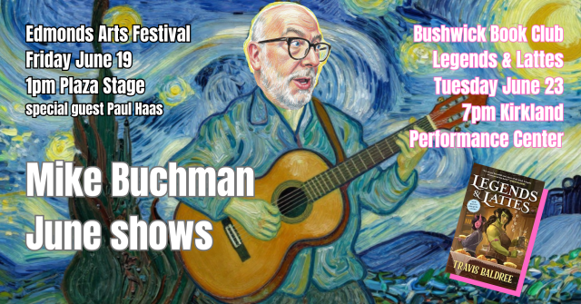 Van Gogh style drawing with a man playing guitar. Words provide details about the two concerts being promoted